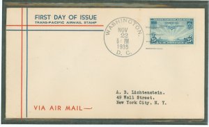 US C20 1935 25ct Trans-Pacific clipper(single)on an addressed (typed) first day cover with a Washington service cachet.