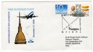 Netherlands 1990 Cover Stamps First Flight Amsterdam Turin Italy KLM