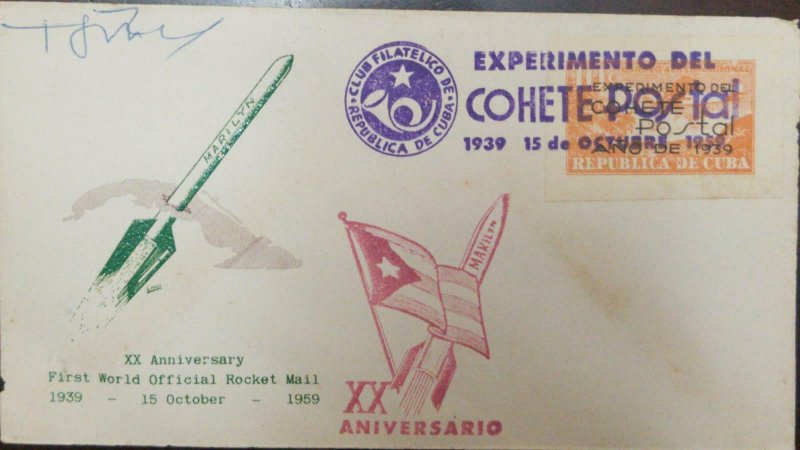 A) 1959, CUBA, POSTCARD ROCKET, XX ANNIVERSARY FIRST WORLD OFFICIAL