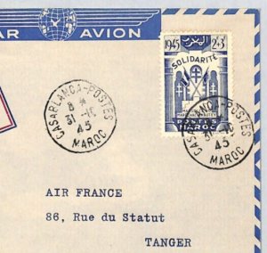 MOROCCO Air Mail Cover LINE RE-OPENING AIR FRANCE Casablanca Tangier 1945 XZ262