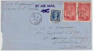 1939 AIR MAIL cover to Colombia 25 cent per 1/4 ounce