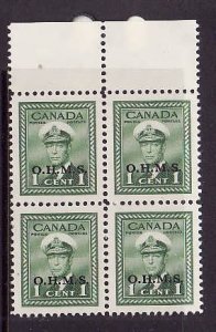 Canada-Sc#O1-Unused 1c green KGVI overprinted OHMS-block of 4-og-NH-1949-50-Cdn5