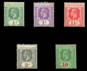 Gilbert and Ellice Islands #27-31 Cat$195.50, 1921-27 George V, 1/2p-10sh, se...