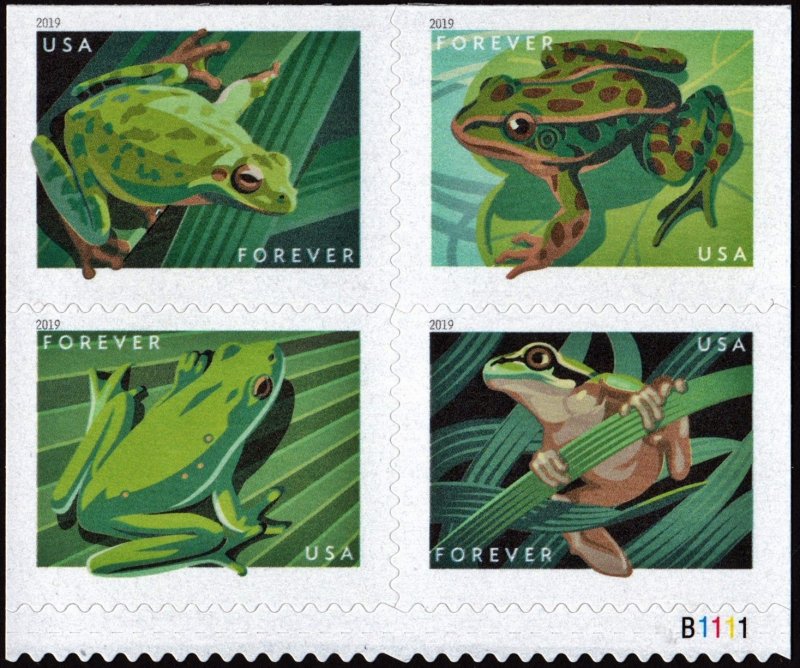 SC#5395-98 (55¢) Frogs Block of Four (2019) SA