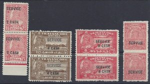 India Feudatory States Orchha (#4) and Tranancore (o9a and o57 thru o60, Pairs)