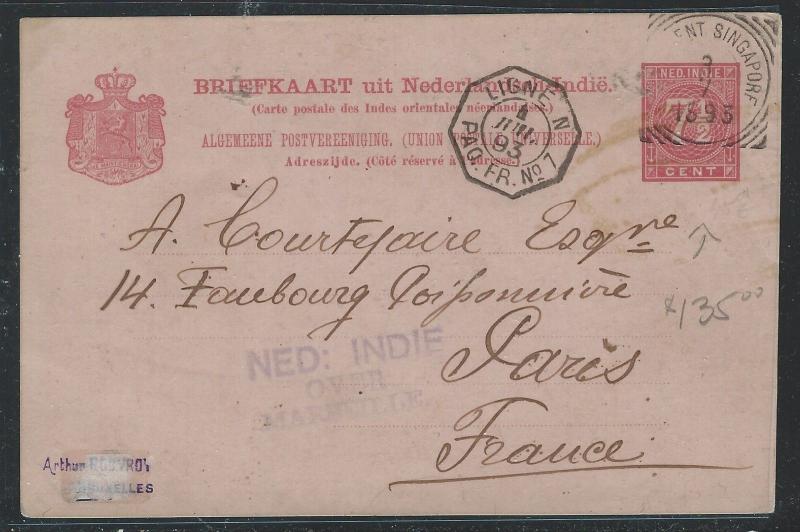 MALAYA (P0812B) 1893 FR LIGNE N, NI POSTAGENT SINGAPORE FROM NETHERLAND INDIES