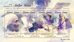 SIERRA LEONE - 2015 - Mother Teresa - Perf 4v Sheet - Mint Never Hinged