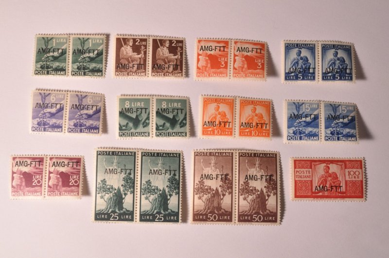 Italy Trieste Scott# 58-69 MNH OG Pairs + Single 1949 Full Set Mint AMG FTT ovpt