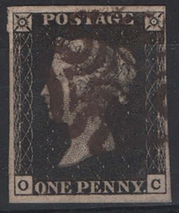 GB 1840 1d black plate 8 OC fine used, clearly brown MX, 4 mainly large margin