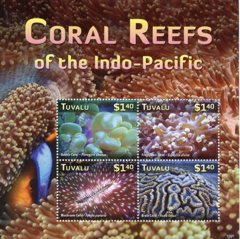 Tuvalu Marine Animals Stamps 2015 MNH Coral Reefs of Indo-Pacific Corals 4v M/S