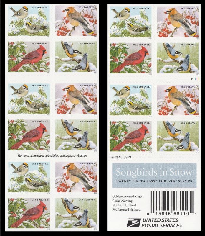 US 5126-5129 5129b Songbirds in Snow forever booklet 20 MNH 2016