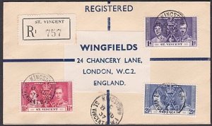 ST VINCENT  1937 Coronation set on registered cover to UK..................a3681