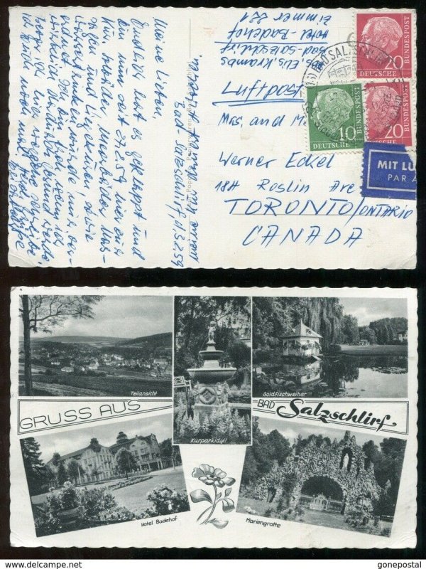 Germany 1959 Heuss Issues on Airmail Postcard to Canada. SALZSCHLIRF