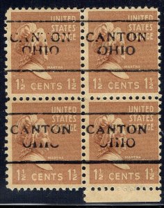 1938 1.5c M Washington with precancel from CANTON OH (805-701) margin Block of 4