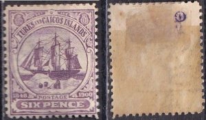 Turks & Caicos 7 (mhr, heavy toning, selvage folded back) 1sh pur brn (1900)