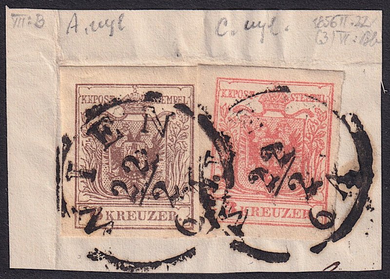 Austria - 1854 - Scott #3e,4b - used on piece - WIEN pmk