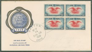 US C25 (1938) 6c Eagle issued for Natiional airmail week (NAMW) block of four on an unaddressed First Day Cover with a rice cach