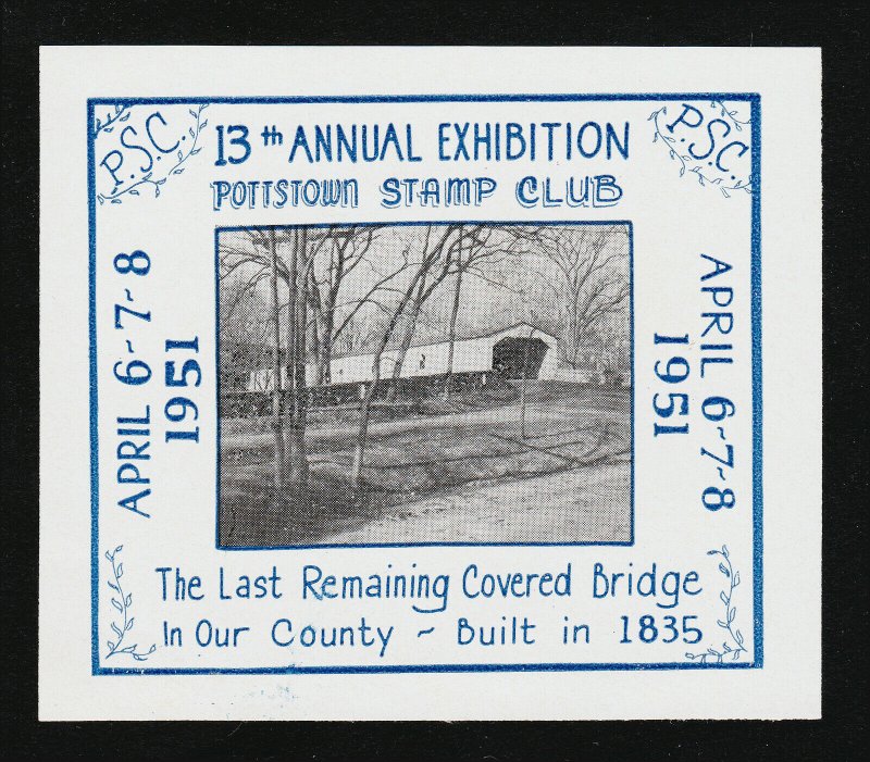 REKLAMEMARKE POSTER STAMP STICKER POTTSTOWN STAMP CLUB LAST COVERED BRIDGE 1951