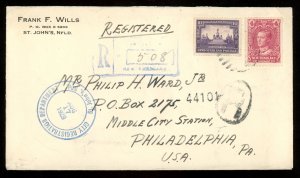 1929 Newfoundland Scott #148 and 153 Used on Registered Cover to Philadelphia