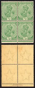 India SG155 1/2a Green Wmk Single Star (Brown gum) Block U/M