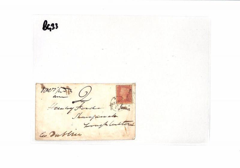 BG33 GB IRELAND 1858? Penny Red UNDERPAID Cover *Dundalk* Duplex Charged *2*