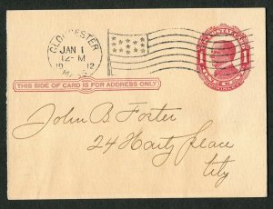 1912 US Postal Card Gloucester MA Flag Cancel AOUW Lodge Assessment Red McKinley
