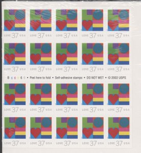 2002 US Scott #3657a 37c Geometric Love Stamps, Booklet of 20 MNH