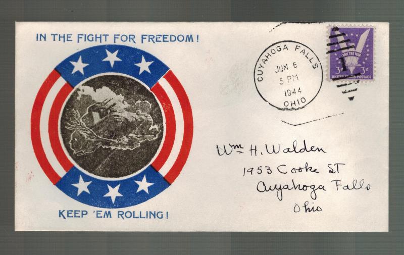 1944 USA Patriotic Cover Cuyahoga Falls OH D Day Invasion of Europe Tanks June 6