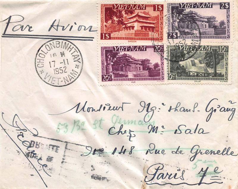 Viet Nam, Scott #1, 2, 6, 8, on 1952 Cover Sent to Paris, France