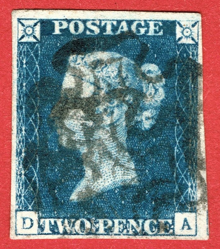 [sto357] GB SG 5 1840 2d bright blue plate? lettered DA 4 margins used cv:£900