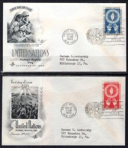 UN New York 21-22 Human Rights Artcraft Set of Two Typed FDCs