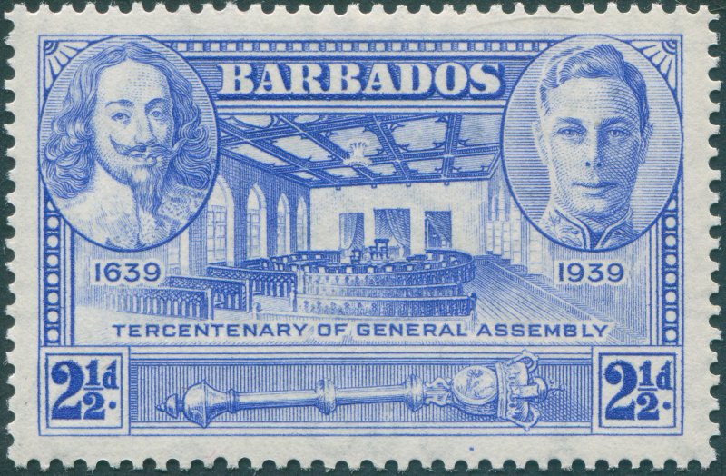 Barbados 1939 2½d bright ultramarine SG260 unused