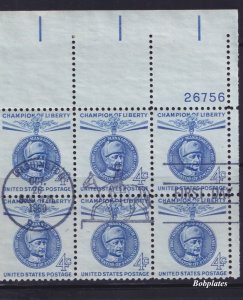 BOBPLATES US #1165 Mannerheim Upper Right Plate Block of 6 First Day Use Scarce