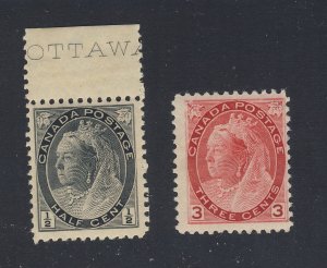 2x Canada Victoria Numeral MNH Stamps; #74-1/2c F/VF #78-3c Fine. GV = $100.00+
