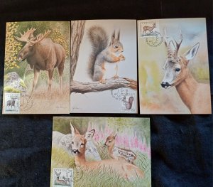 Sweden 1992  Maxi maximum cards Animals Squirrel Elk Roe Deer Kid Stag 4 cards.