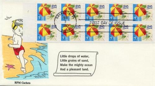 1990 Beach Umbrella Full Pane of 10 (Scott 2443a) RPM FDC