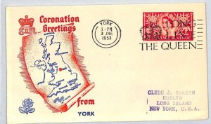 GB QEII 1953 FDC *York* CORONATION GREETINGS Illustrated ROYALTY Slogan MAP XE38