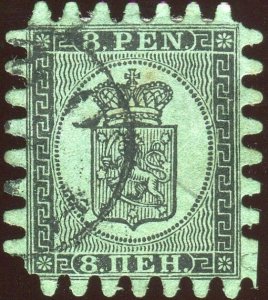 Finland - 1866 - #7 used 8 p black on green perforated serpentine type III Fin28