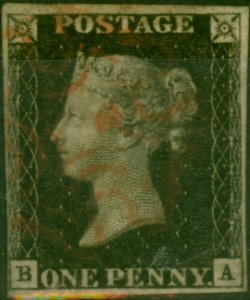 GB 1840 1d Penny Black SG2 Pl. 8 (B-A) Fine Used 4 Good-Very Close Margins Re...