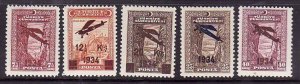 Turkey-Sc#C1-5-unused hinge remnant airmail set-Planes-1934-