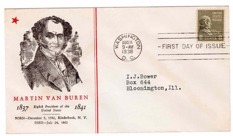 USA FDC 1938 Sc 813 Linprint Cachet Martin Van Buren First Day Cover