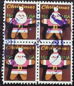 US Scott # 1800; used 15c Christmas from 1979; Block of 4; VF; offr cover