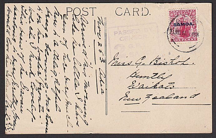 SAMOA 1916 1d NZ overprint on postcard - Apia cds - No.2 GRI CENSOR.........J564