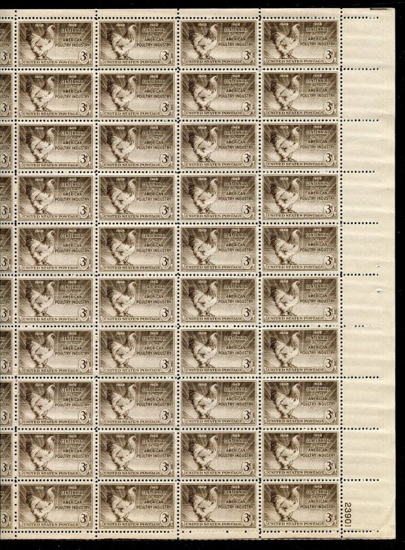968 Poultry Industry Centennial Sheet of 50 3¢ Stamps 1948 MNH