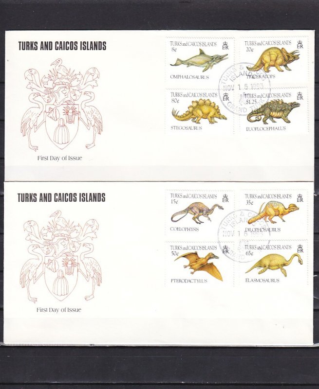 Turks & Caicos, Scott cat. 1035-1042. Dinosaurs on 2 First Day Covers. ^