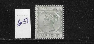 TURKS & CAICOS IS. SCOTT #51 1882-95 VICTORIA 1/2P (GRAY) - MINT HINGED