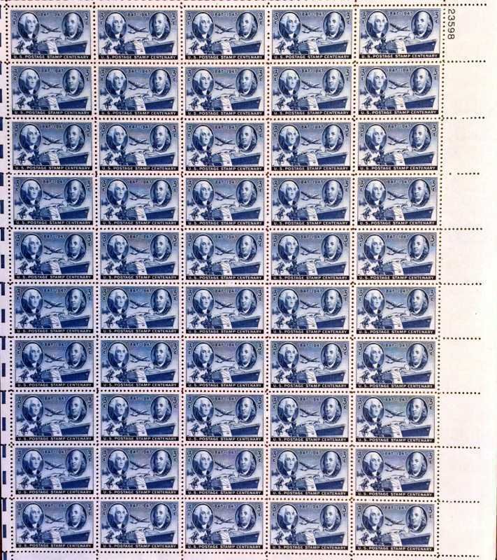 US Stamp - 1947 Postage Stamp Centenary - 50 Stamp Sheet #947