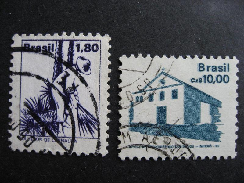 Brazil 2 used stamps each with a double impression print error! 