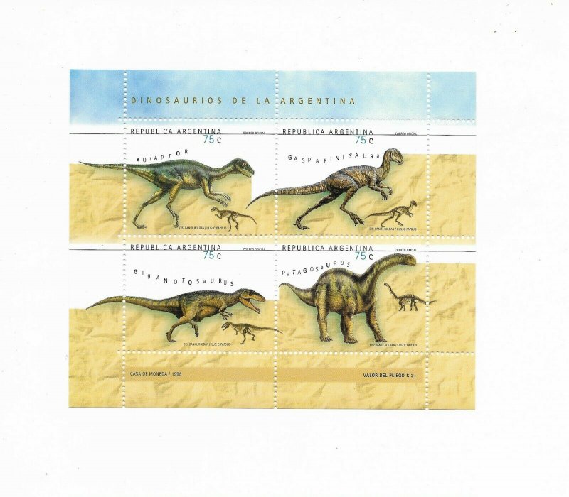 ARGENTINA 1998, DINOSAURS, MINIATURE SHEET PREHISTORIC FAUNA, 4 VALUES ON MS