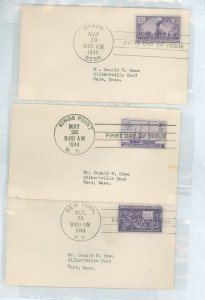 US 922-923/926 3 FDC top may 10, 1944, 922, may 22, 1944 #923 (stain), oct 31, 1944 #926